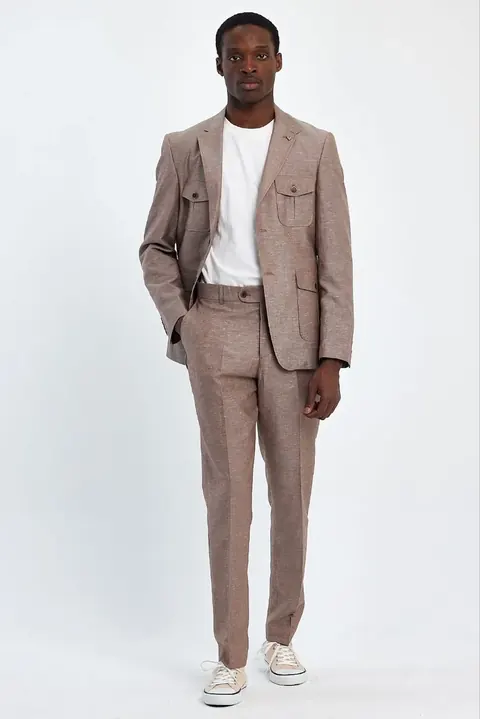 Camel Linen Two-Piece Men's Summer Suit, wholesale two piece suit by Mark Morente