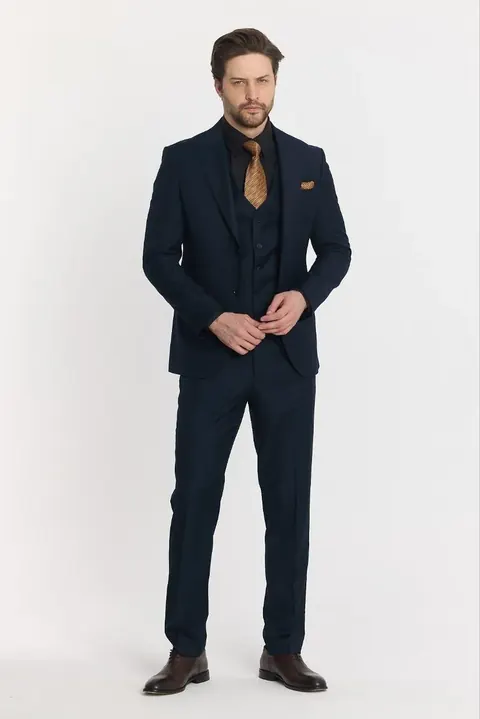 Navy Blue Three-Piece Men's Suit with Peak Lapel manufactured by Mark Morente