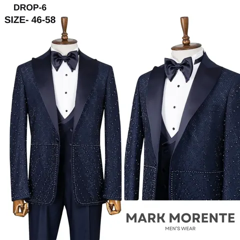 Navy Blue Beaded Diamond Peak Lapel Men's Tuxedo, wholesale tuxedo by Mark Morente