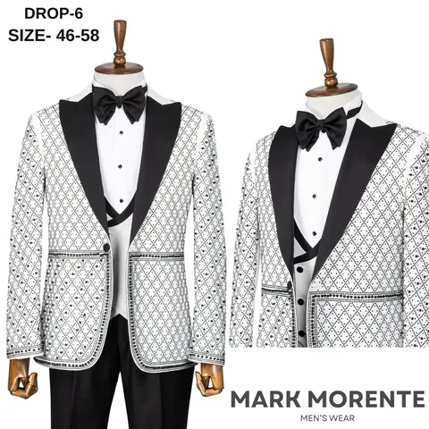 White Black Beaded Diamond Peak Lapel Men's Tuxedo, wholesale tuxedo by Mark Morente
