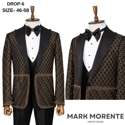 Black Gold Beaded Diamond Peak Lapel Men's Tuxedo, wholesale tuxedo by Mark Morente