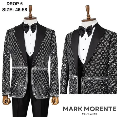 Black Silver Beaded Diamond Peak Lapel Men's Tuxedo, wholesale tuxedo by Mark Morente