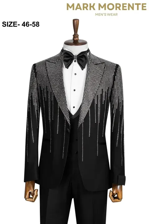 Black Silver Rhinestone Drip Peak Lapel Men's Tuxedo, wholesale tuxedo by Mark Morente