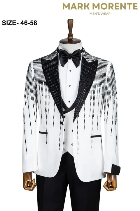 White Black Rhinestone Drip Peak Lapel Men's Tuxedo, wholesale tuxedo by Mark Morente
