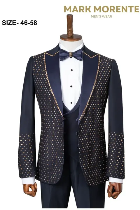 Navy Blue Gold Rhinestone Dotted Peak Lapel Men's Tuxedo, wholesale tuxedo by Mark Morente