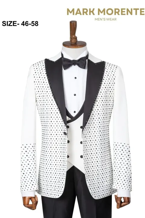 White Black Rhinestone Dotted Peak Lapel Men's Tuxedo, wholesale tuxedo by Mark Morente