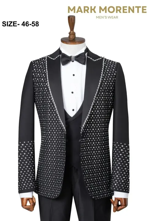 Black Silver Rhinestone Dotted Peak Lapel Men's Tuxedo, wholesale tuxedo by Mark Morente