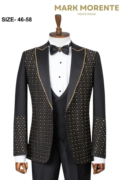 Black Gold Rhinestone Dotted Peak Lapel Men's Tuxedo, wholesale tuxedo by Mark Morente