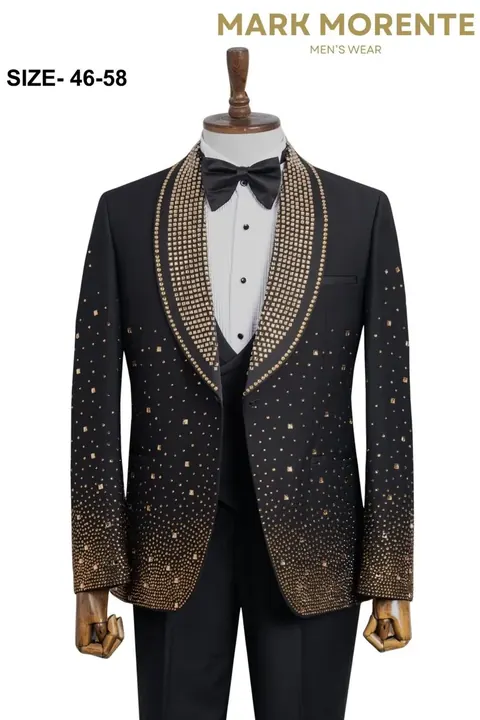 Black Gold Crystal Studded Shawl Lapel Men's Tuxedo, wholesale tuxedo by Mark Morente