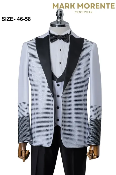 White Black Crystal Grid Peak Lapel Men's Tuxedo, wholesale tuxedo by Mark Morente