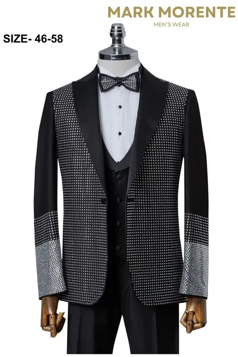 Black Silver Crystal Grid Peak Lapel Men's Tuxedo, wholesale tuxedo by Mark Morente