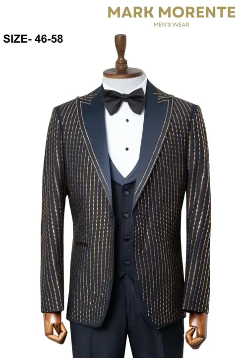 Navy Gold Rhinestone Pinstripe Peak Lapel Men's Tuxedo, wholesale tuxedo by Mark Morente