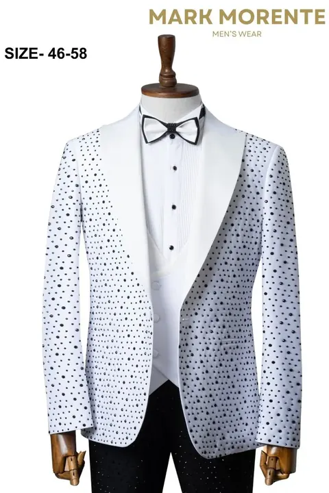 White Black Rhinestone Peak Lapel Men's Tuxedo, wholesale tuxedo by Mark Morente