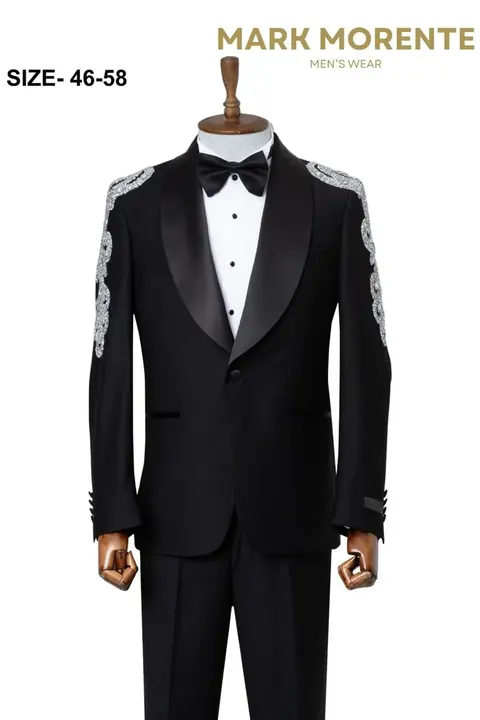 Black Silver Embroidered Shoulder Shawl Lapel Men's Tuxedo, wholesale tuxedo by Mark Morente