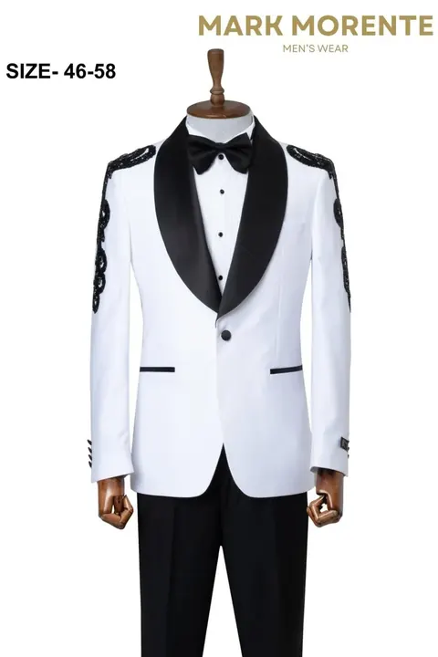 White Embellished Shoulder Shawl Lapel Men's Dinner Jacket, wholesale dinner jacket by Mark Morente