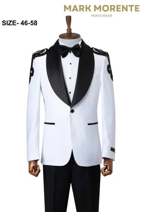 White Beaded Shoulder Shawl Lapel Men's Dinner Jacket, wholesale dinner jacket by Mark Morente