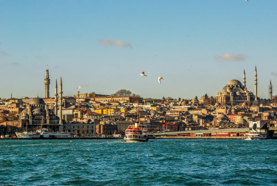 Istanbul historic peninsula skyline with mosques and a ferry on the Bosphorus/Golden Horn