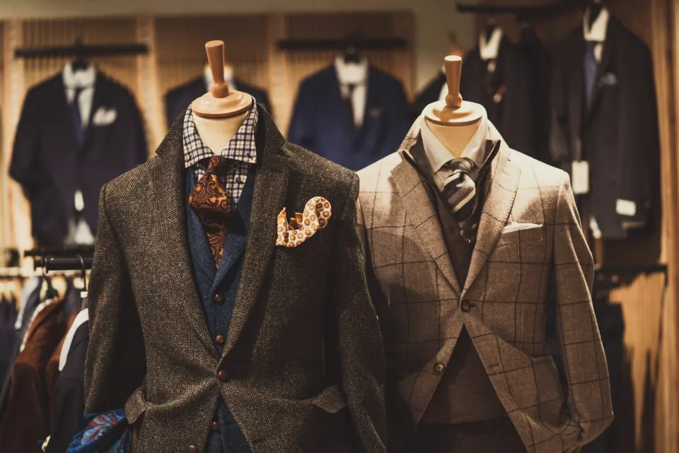 Menswear store with tweed and check jackets on mannequins, suits on walls
